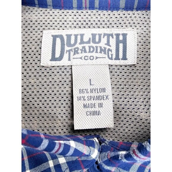 Duluth Size Large Mens Navy Tan Red Check Zip Pocket Back Vent Button Down Shirt - Picture 4 of 11